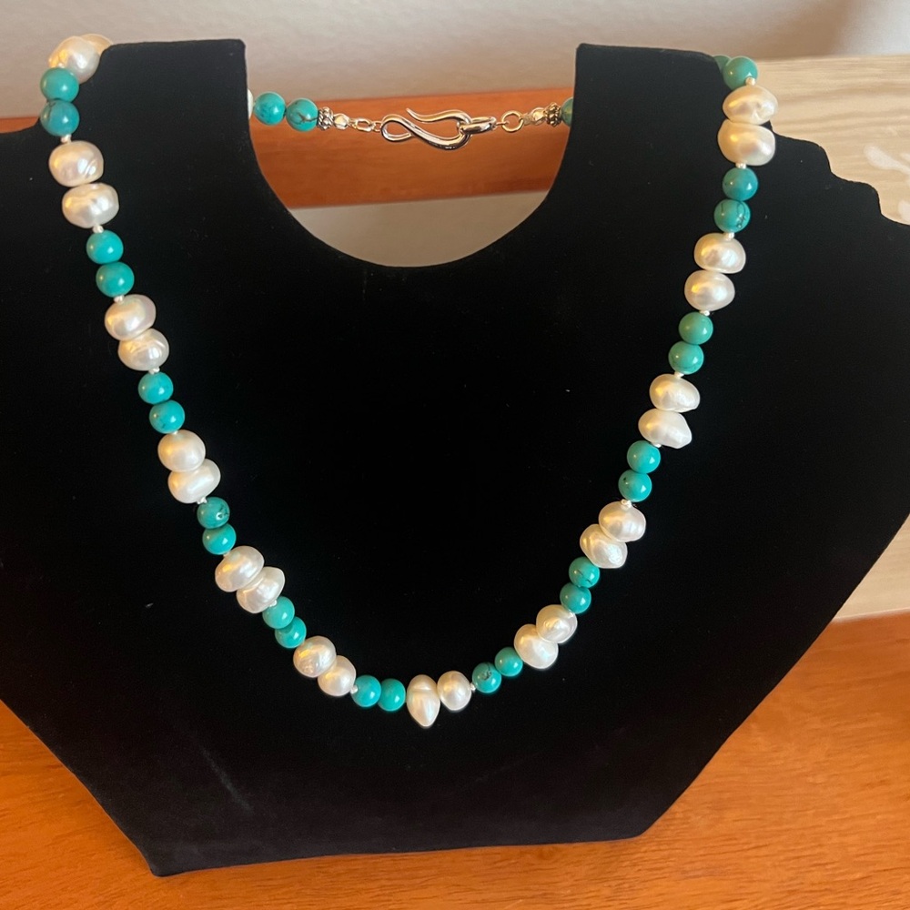 Hand strung on silk fresh water irregular pearl and turquoise necklace 18 inch